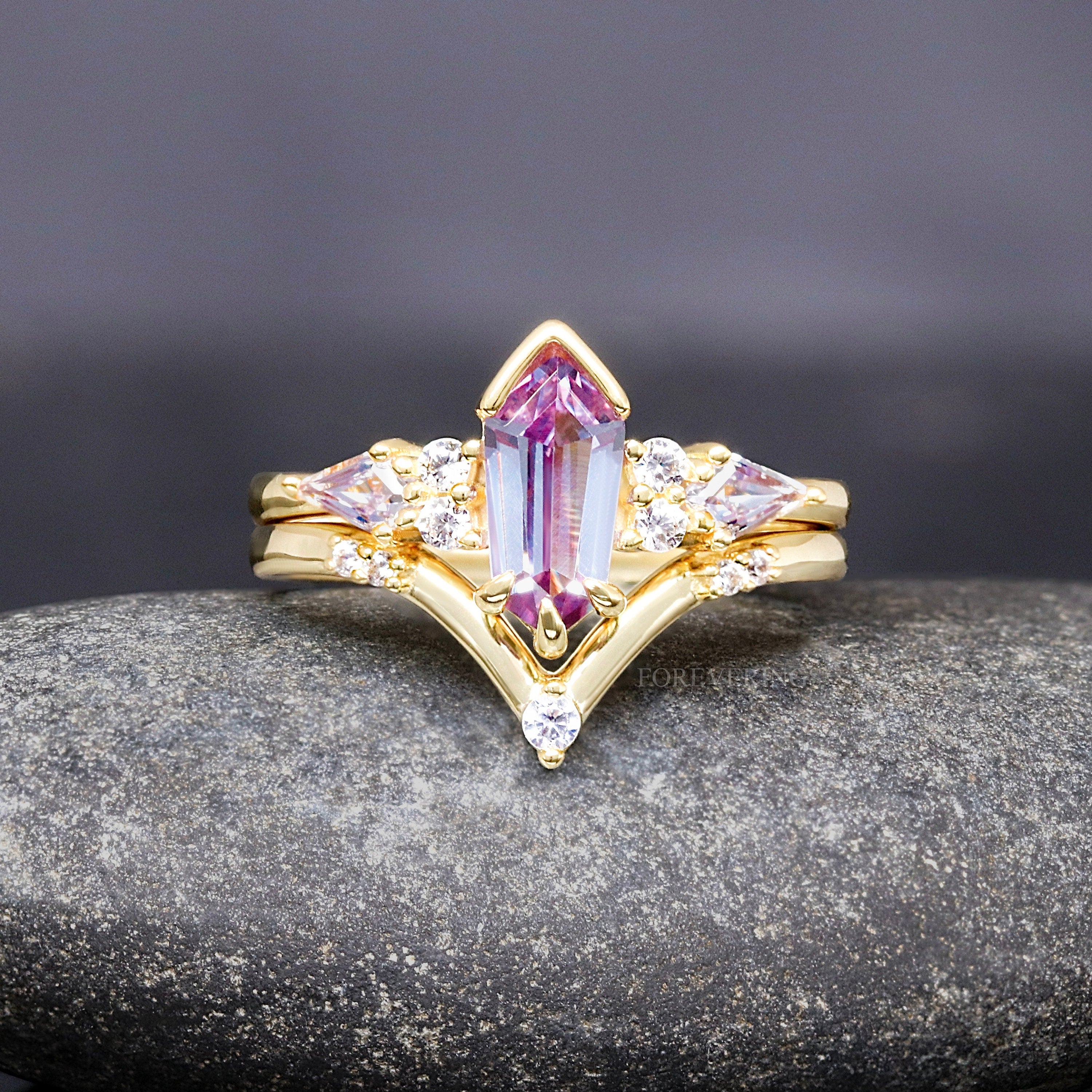 His and Her Gold Alexandrite Ring Set, Couple Crab Nebula Ring, Space Gold Wedding Band, 925 Sterling Silver and Gold Tungsten Ring Set