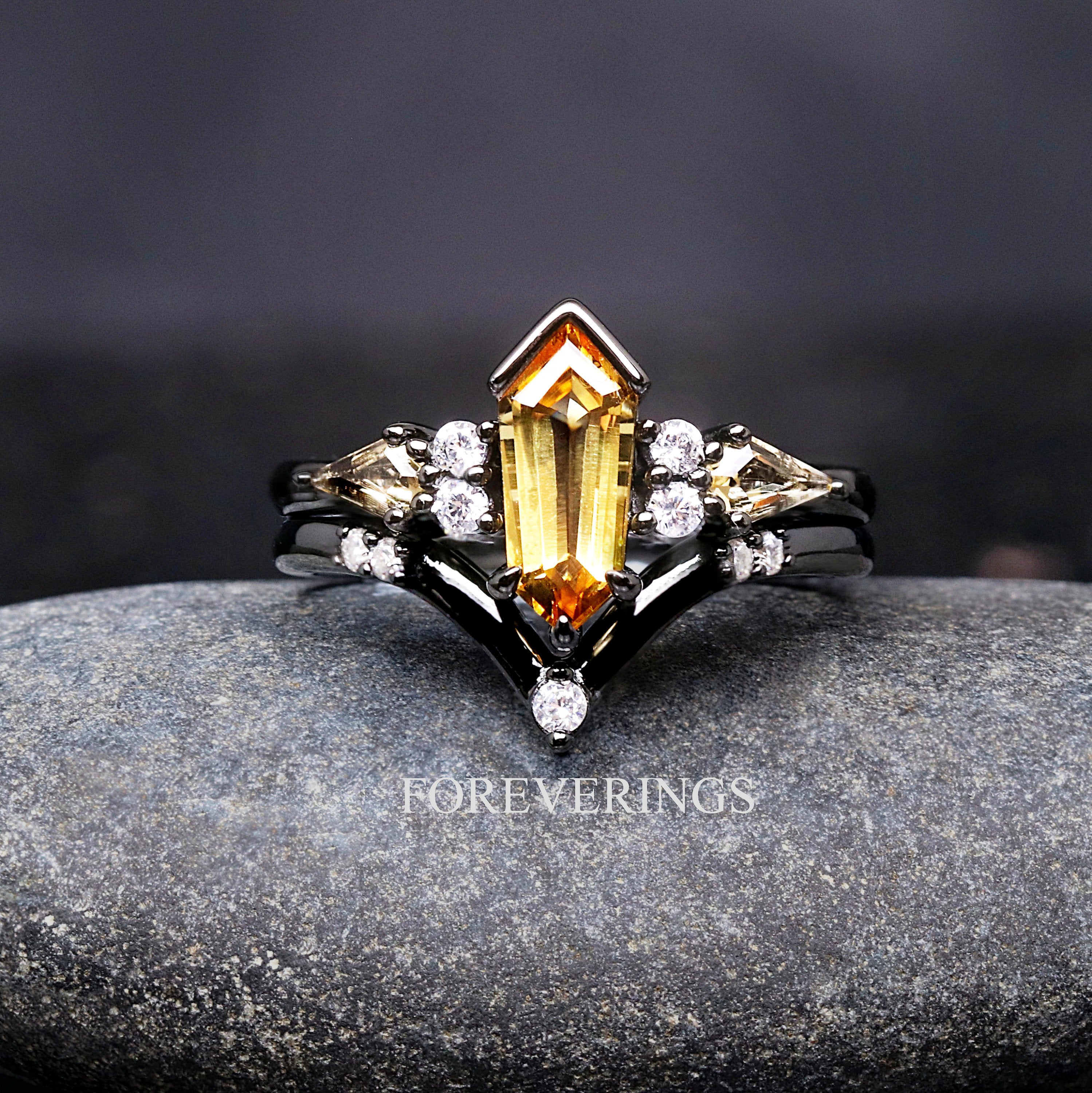 Citrine Couple Ring Set, Black & Gold Alternative Engagement Ring Set, Unique Black Band, Wedding or Promise Ring, Matching His and Her Ring