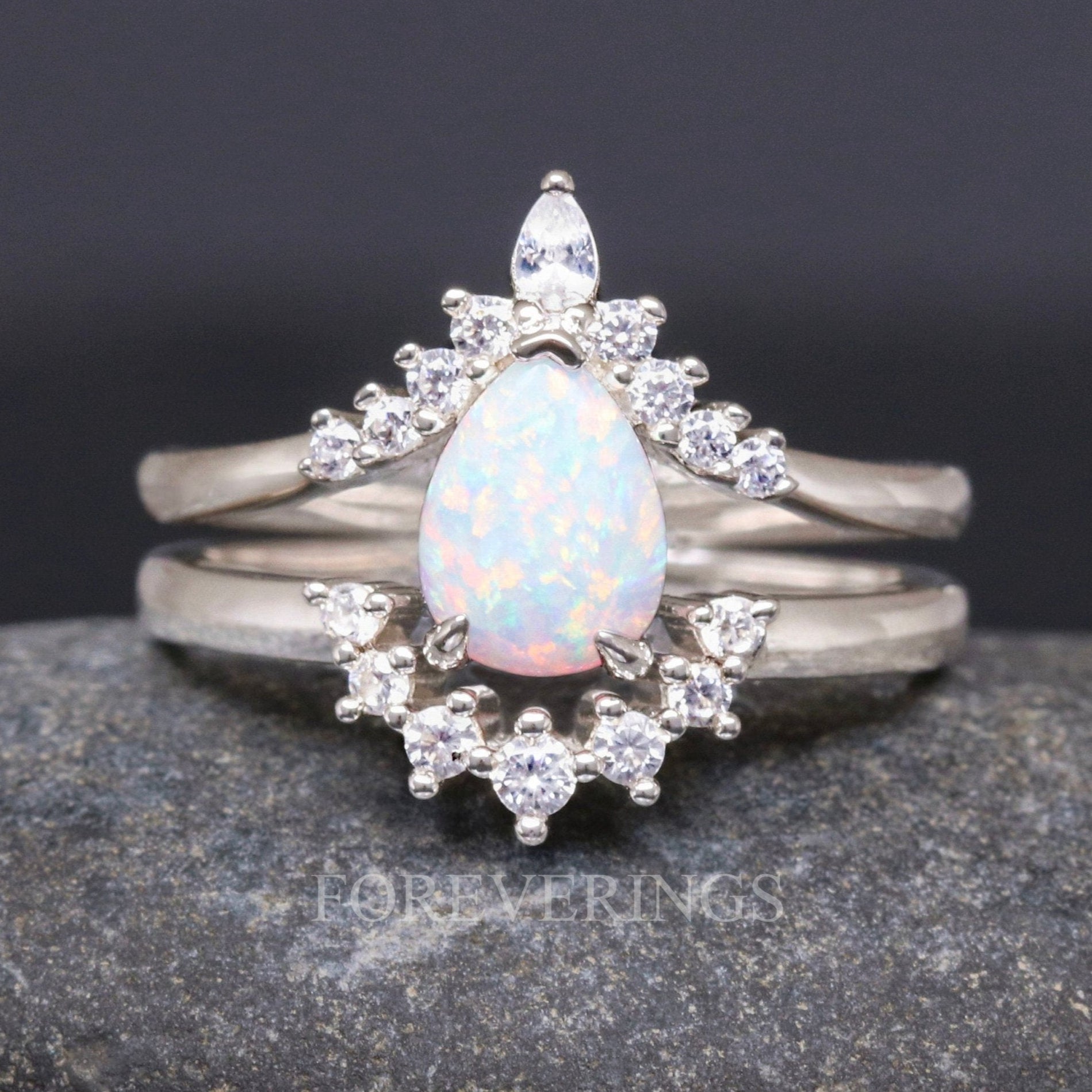White Fire Opal Engagement Ring, Unique Silver Ring, Woman Alternative Wedding Ring, Promise Ring for Her, Bridal Set