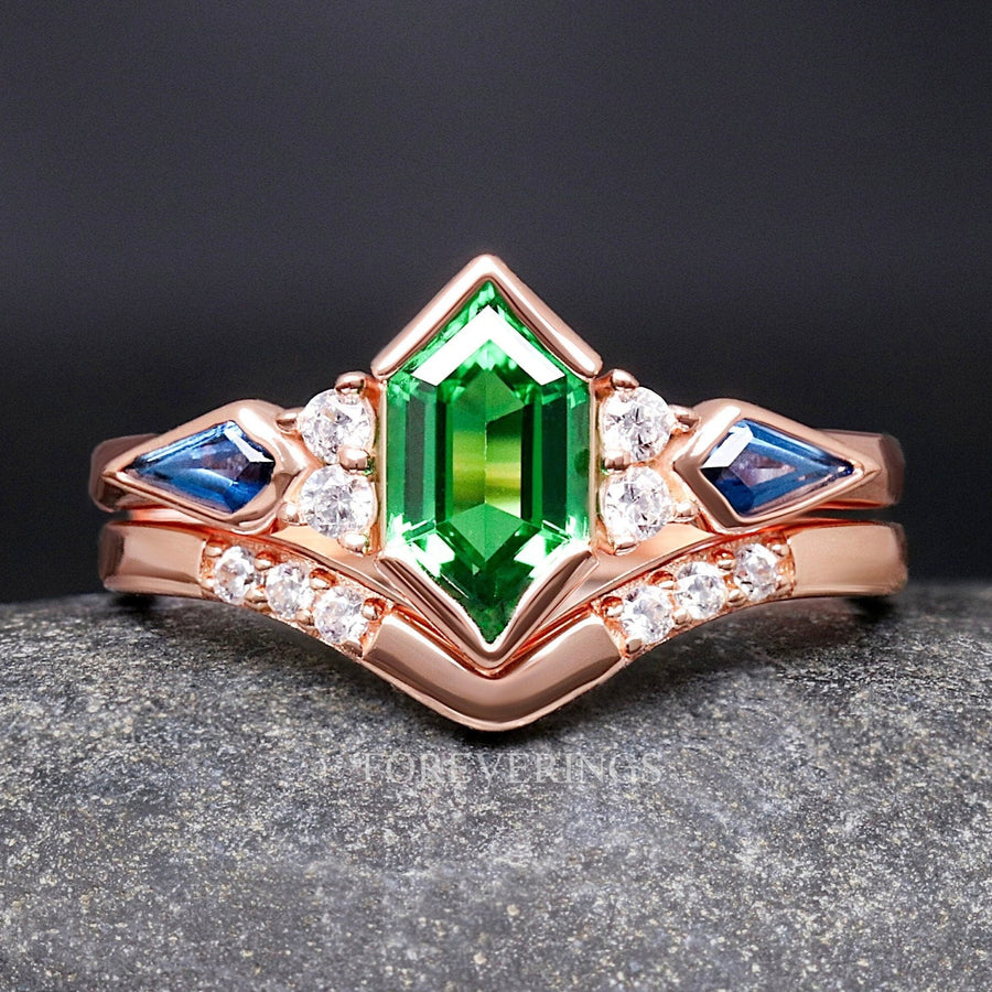 Tsavorite Rose Gold Wedding Ring for Her, Rosette Nebula Ring Set, Elongated Hexagon, Alternative Engagement Ring Set, Woman Wedding Ring