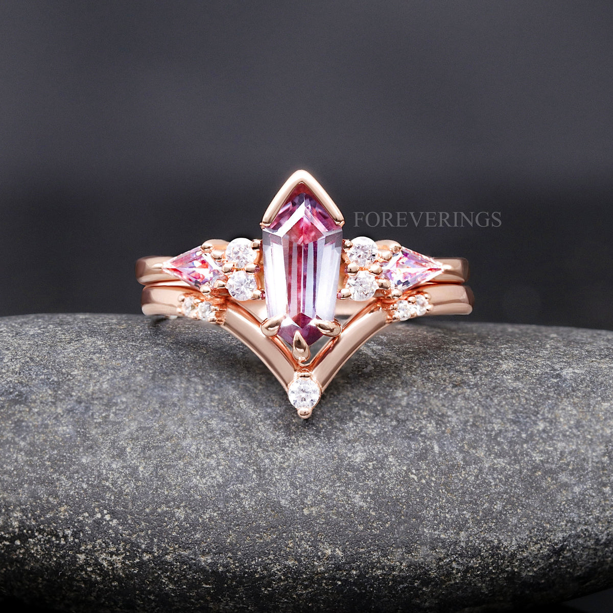 Women's rose gold sterling silver alexandrite bridal set with a coffin kite-cut stone, front view