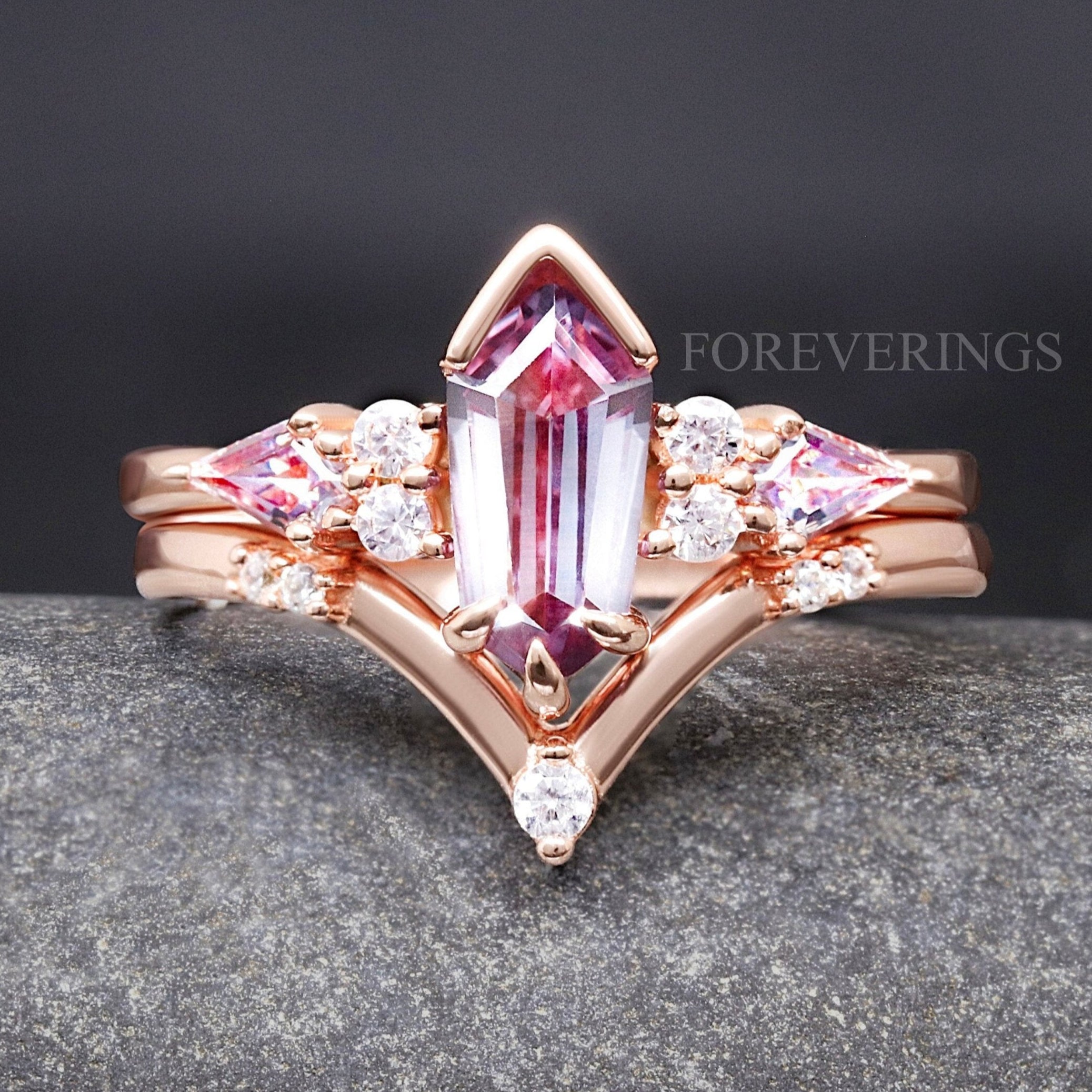 Rose Gold Alexandrite Alternative Engagement Ring Set, Crab Nebula Ring, Kite Coffin Stone, 925 Sterling Silver Ring Set, Space Wedding Ring