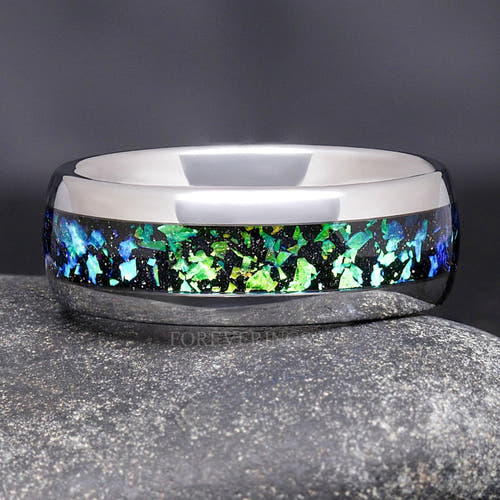 Men's 8mm silver tungsten wedding band with Rosette Nebula inlay, lying flat front view