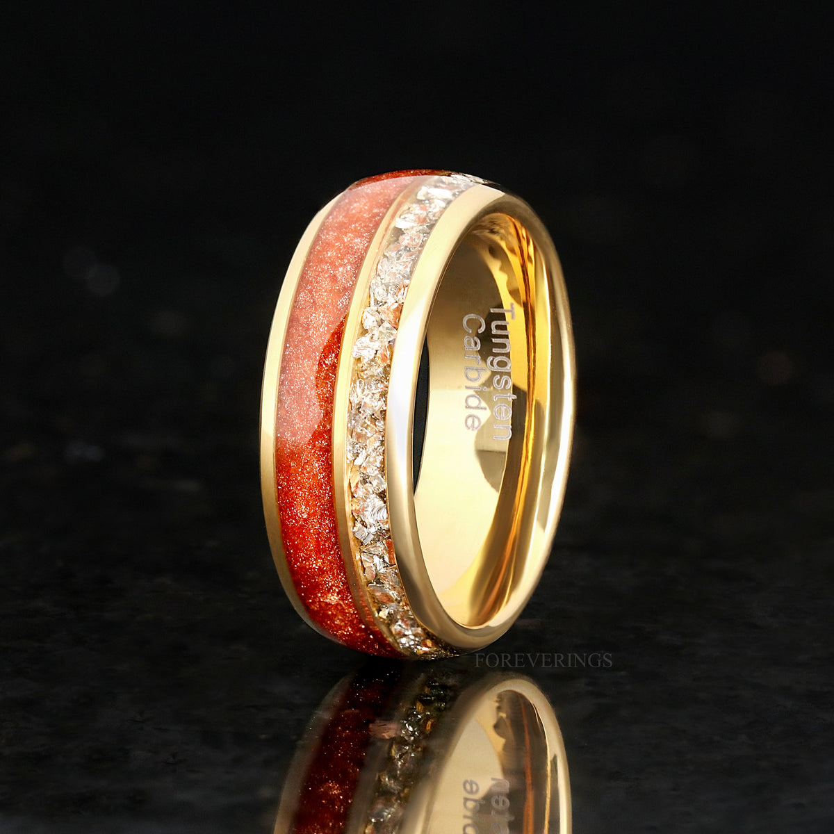 8mm gold tungsten band with red sandstone and crushed diamond, standing to show the gold interior