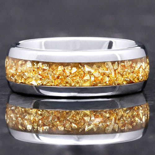8mm men's silver tungsten wedding band with crushed citrine glass stone inlay, polished dome comfort fit
