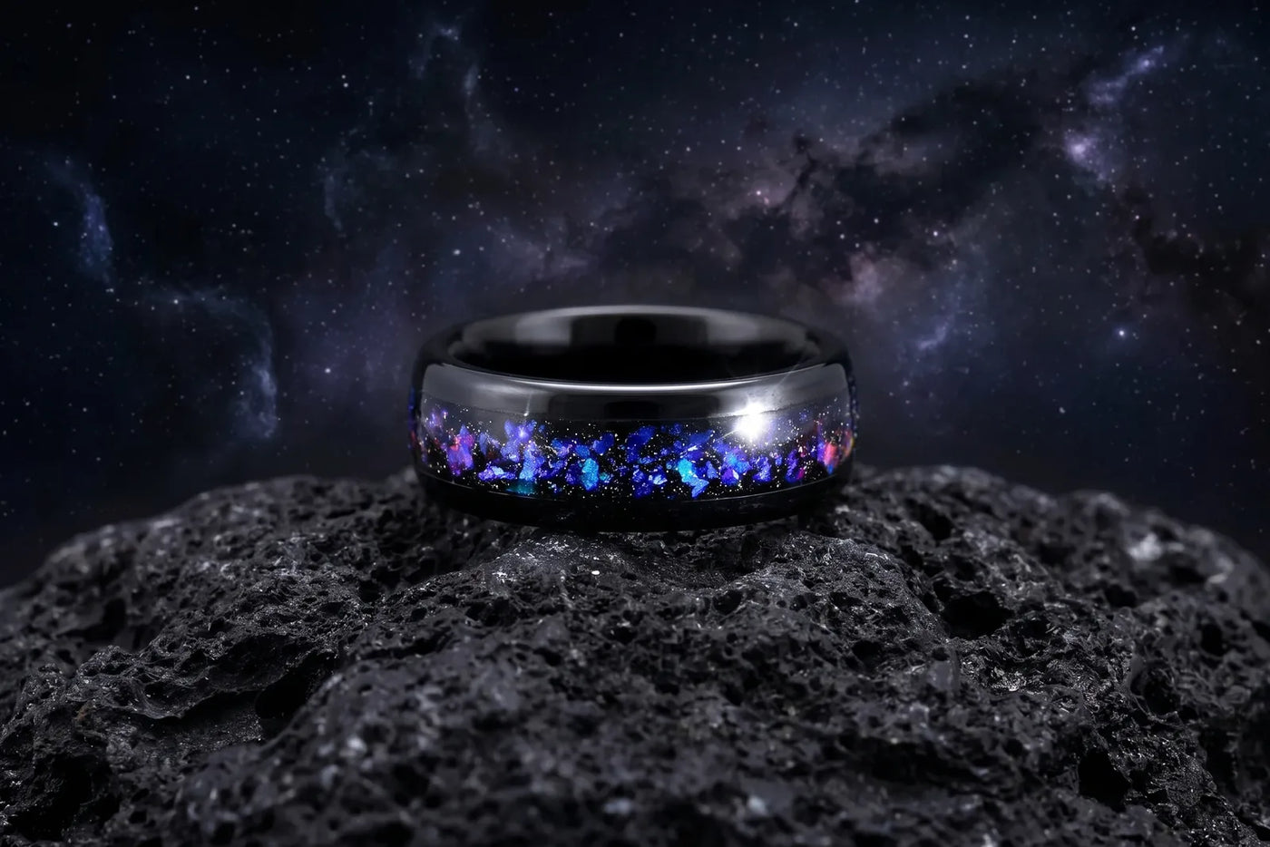Mens galaxy ring with nebula inlay in a black tungsten band