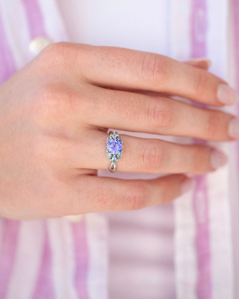 Unique promise ring for women worn on her hand - lavender amethyst with aquamarine accents