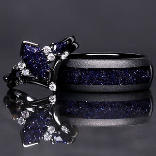Matching black tungsten and sterling silver couples ring set with blue sandstone, 8mm and 1.7mm