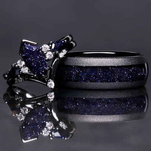Matching black tungsten and sterling silver couples ring set with blue sandstone, 8mm and 1.7mm