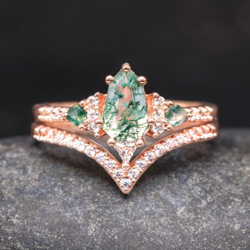 Rose gold sterling silver moss agate bridal set, shield-cut stone with a curved pave band, front view