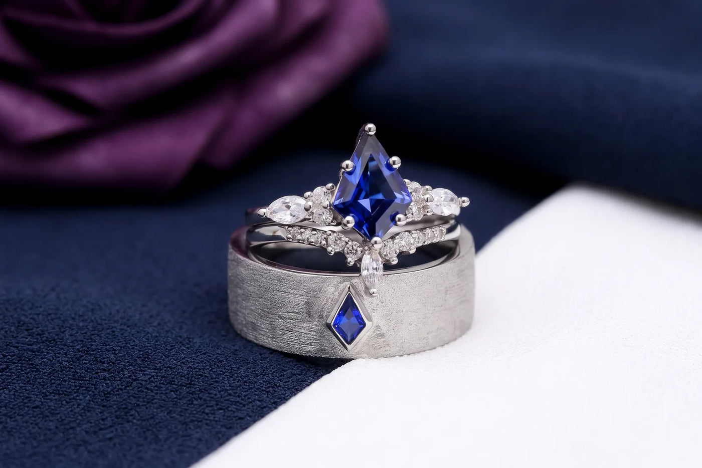 Matching silver couple rings: her stone-set ring and his silver tungsten band