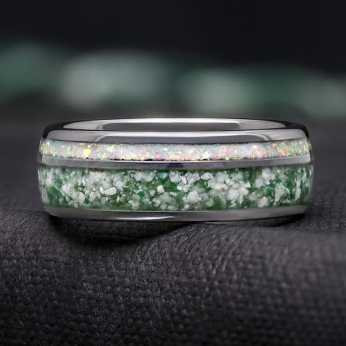 Men's 8mm silver tungsten ring with moss agate and white fire opal inlay, lying flat, front view