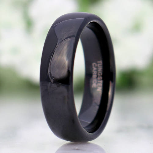 Simple black tungsten wedding band, 6mm polished dome, for men and women