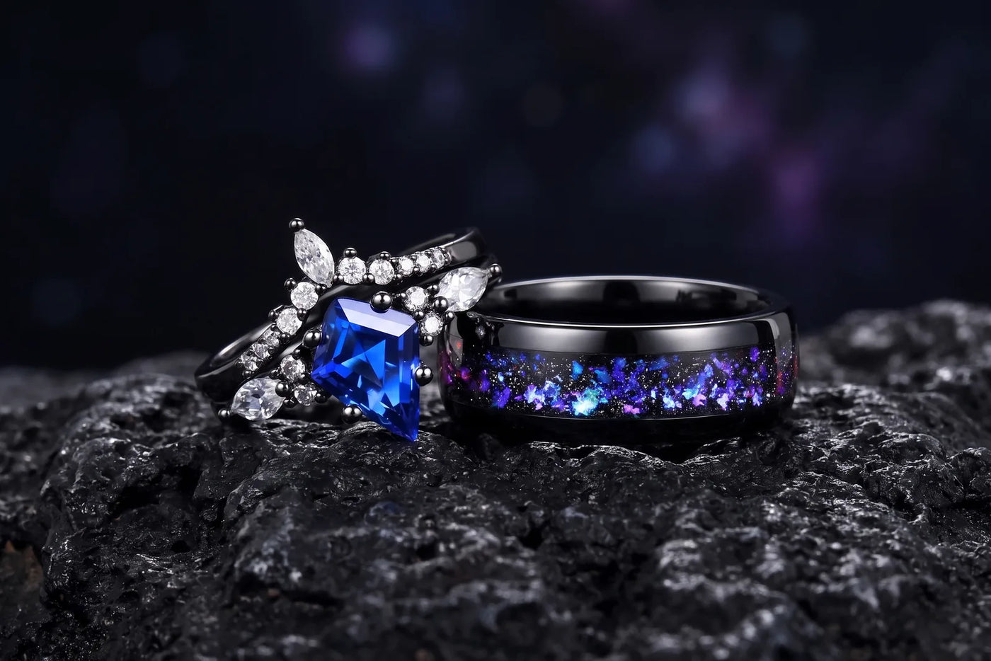 His and hers space themed wedding ring set with nebula inlays