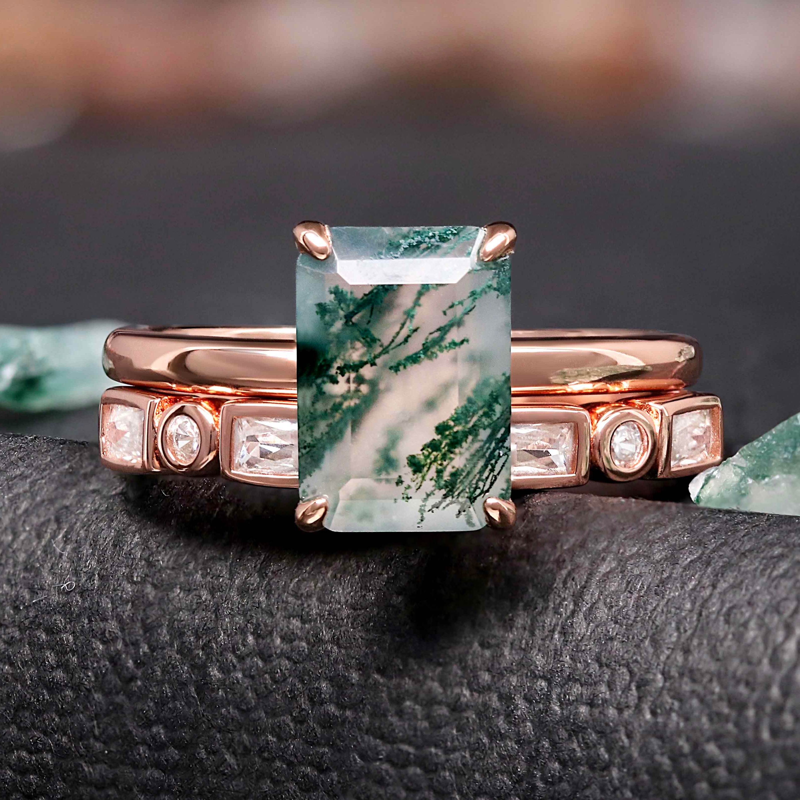 Vella emerald cut moss agate engagement ring set with rose gold sterling silver band