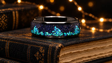 ACOTAR-inspired Night Court ring with starry blue sandstone and an opal mountain inlay on a stack of dark books