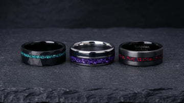 Three men's wedding band styles side by side showing domed, flat, and hammered tungsten rings