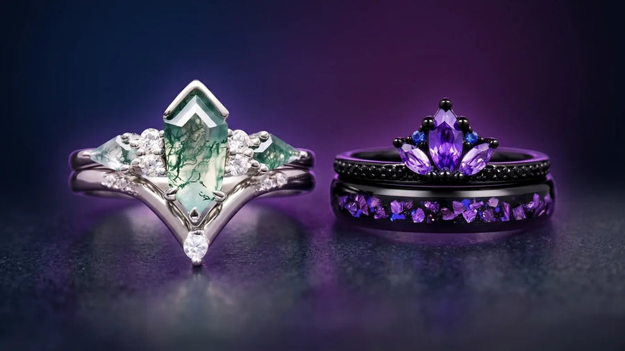 Moss agate promise ring beside a purple and black matching couples ring set