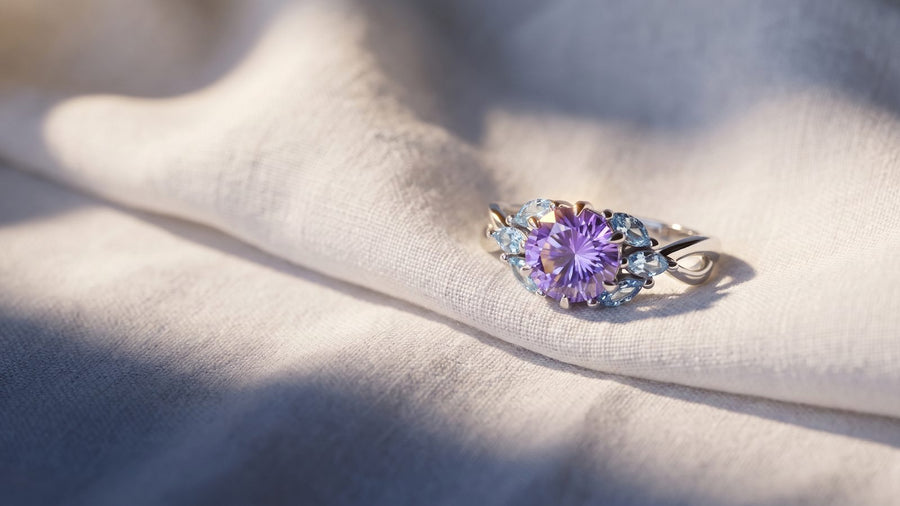 Purple gemstone promise ring with blue accent stones resting on soft linen