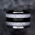 8mm black tungsten moonstone ring shown straight on, reflection below