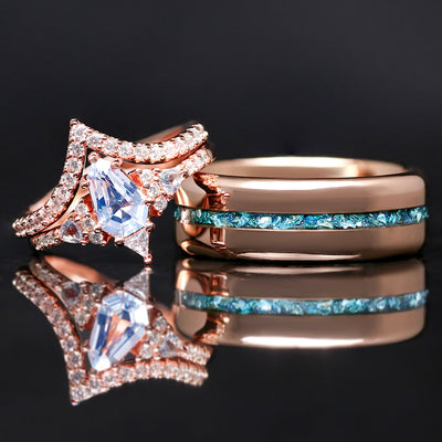 Lumiere Aquamarine Couples Ring Set in Rose Gold | His and Her Matching Wedding Bands | Engagement and Promise Rings