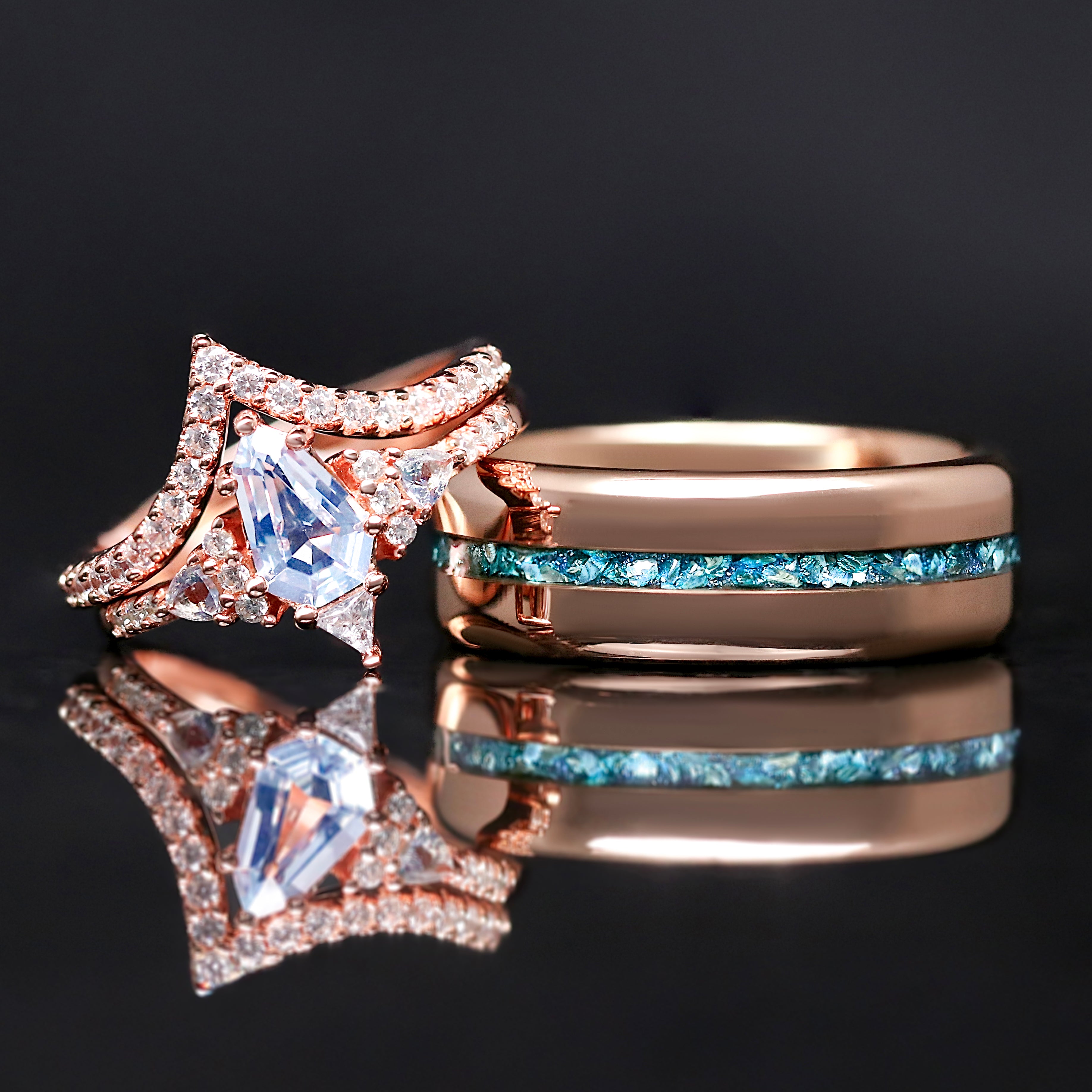 Lumiere Aquamarine Couples Ring Set in Rose Gold | His and Her Matching Wedding Bands | Engagement and Promise Rings
