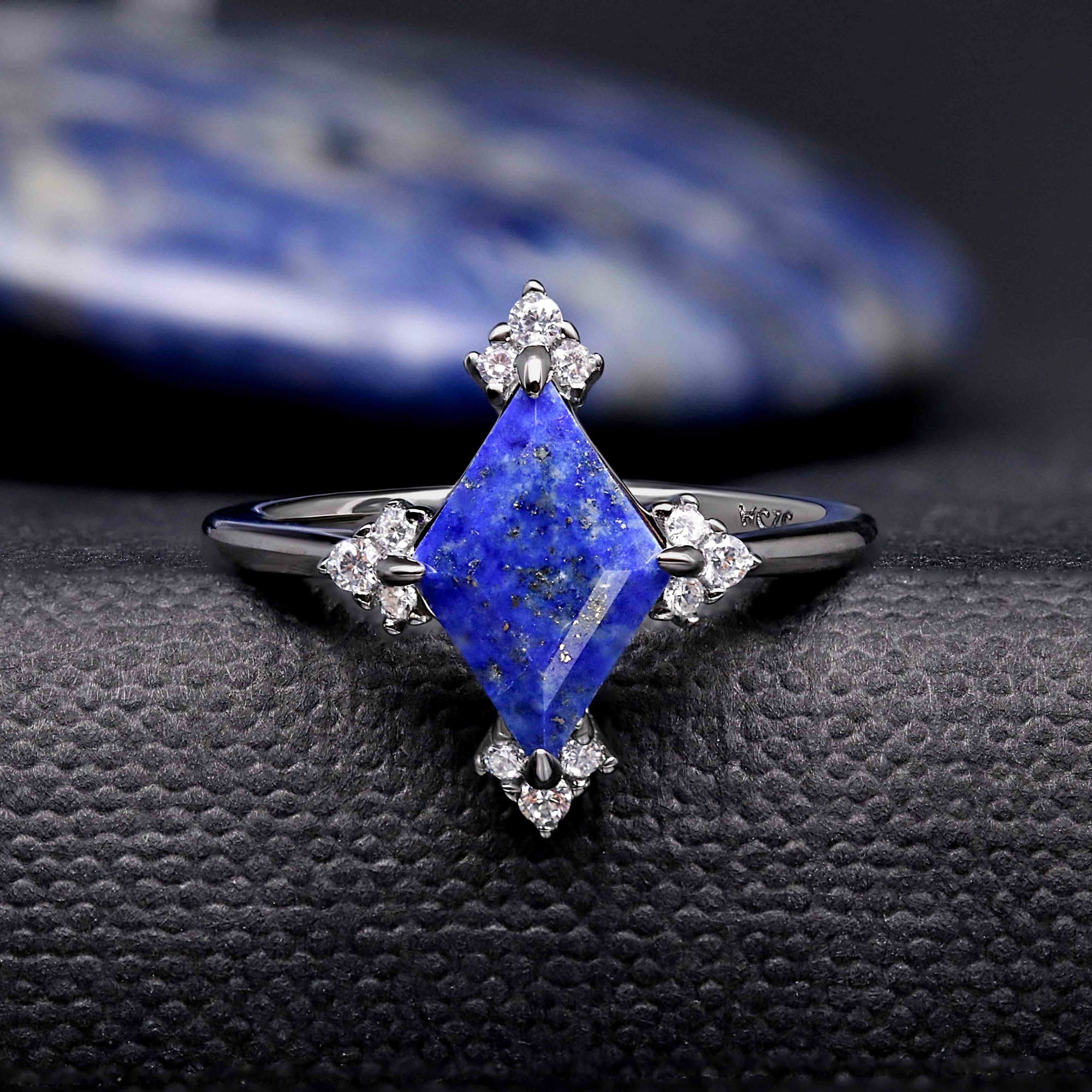 Vectra Kite Cut Lapis Lazuli Engagement Ring - Black Ruthenium Cardinal Cluster Ring