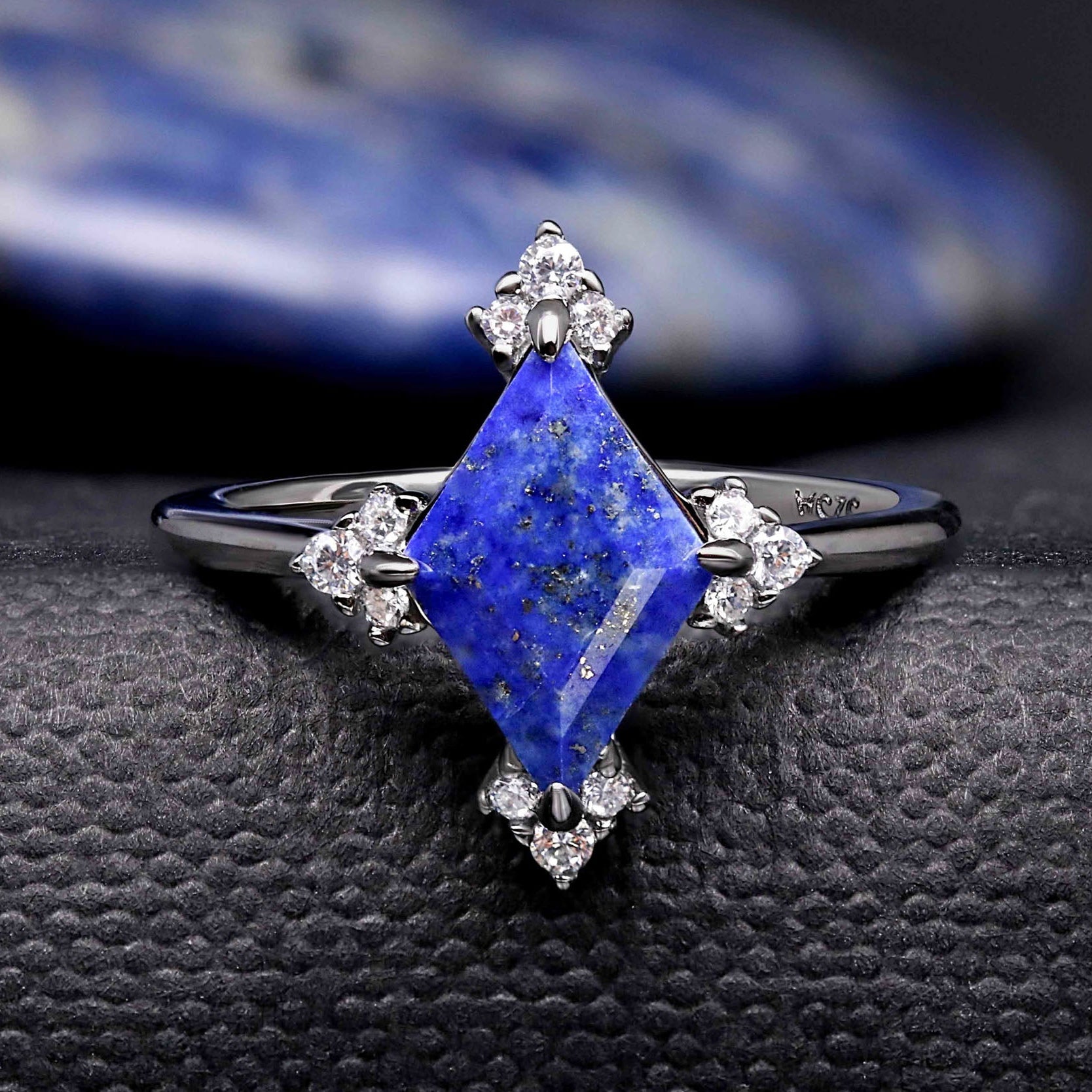 Vectra Kite Cut Lapis Lazuli Engagement Ring - Black Ruthenium Cardinal Cluster Ring