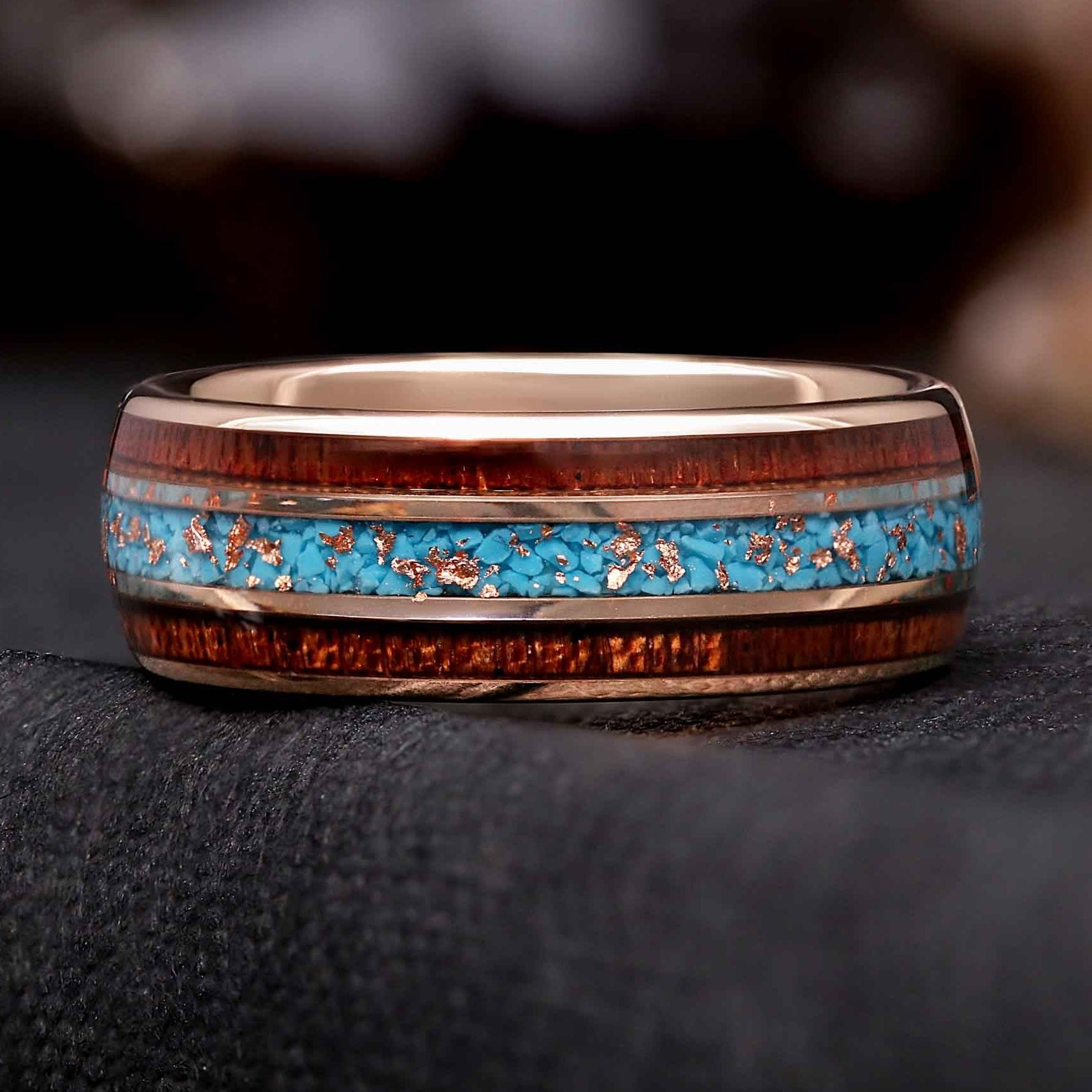 Western Turquoise & Koa Wood Wedding Band - Rose Gold Foil Inlay Tungsten Ring (8mm)