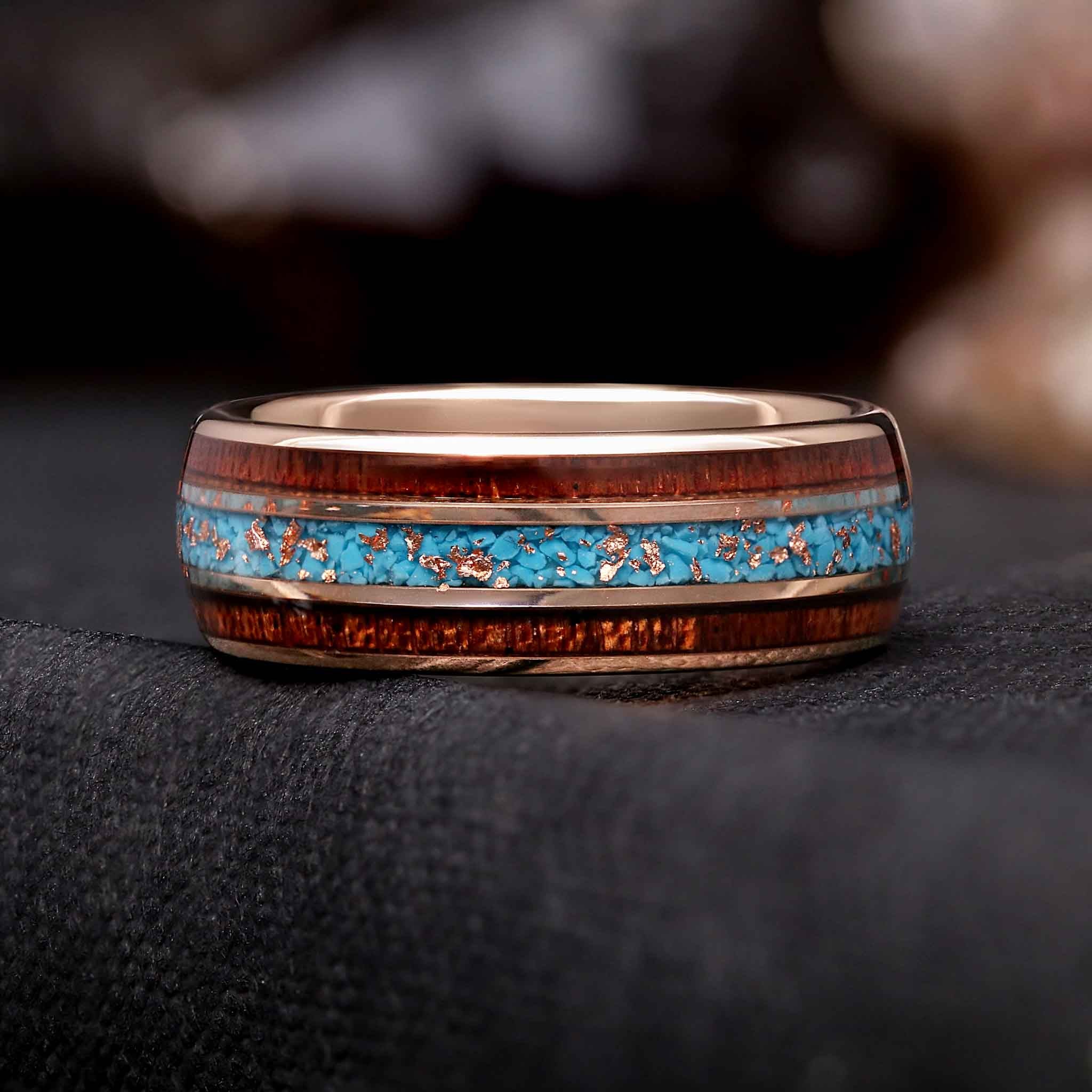 Western Turquoise & Koa Wood Wedding Band - Rose Gold Foil Inlay Tungsten Ring (8mm)