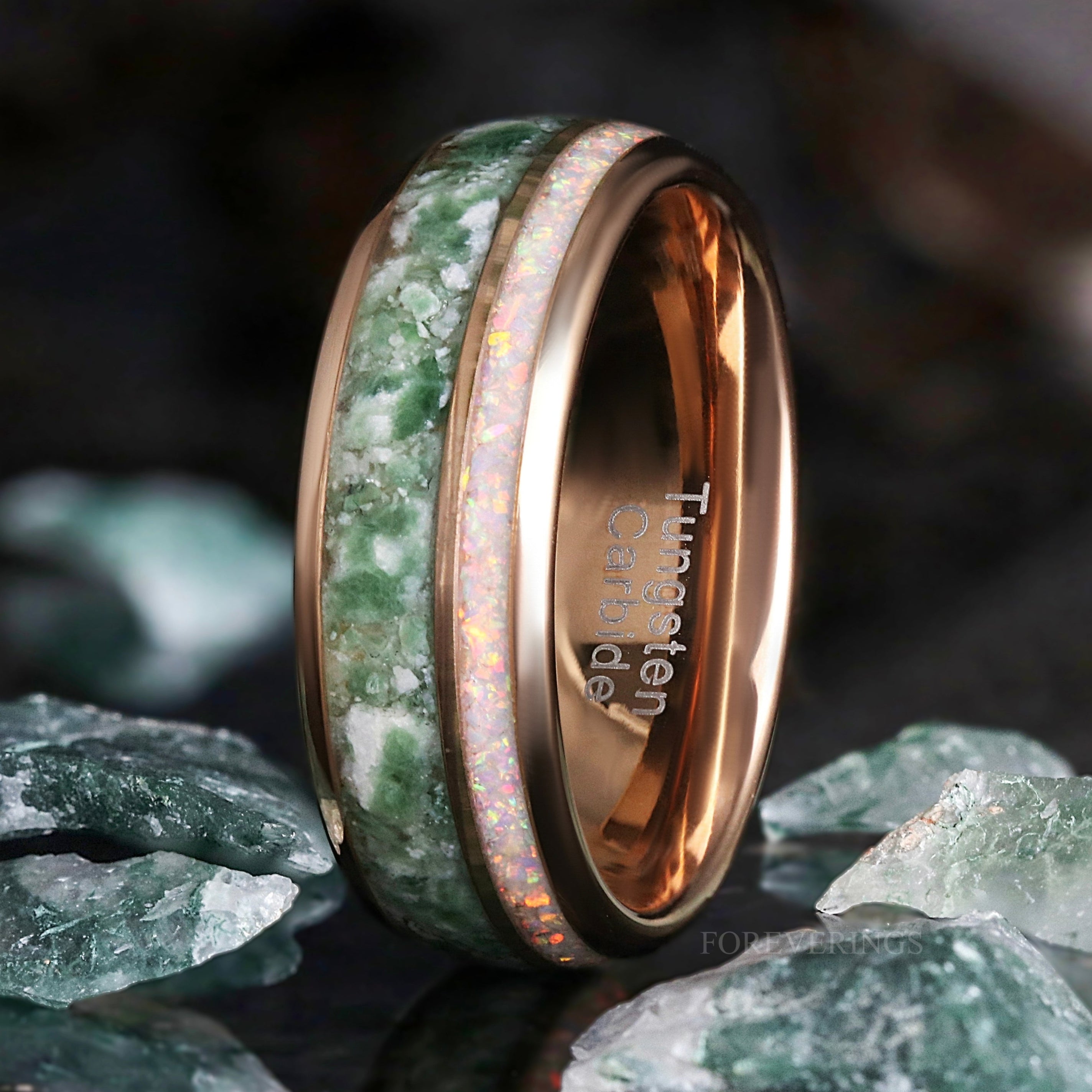 Rose Gold Moss Agate Men's Ring, White Opal Wedding Band, Green Moss Agate Tungsten Band, Nature-Inspired Earthy Tungsten Ring, Dome, Polish