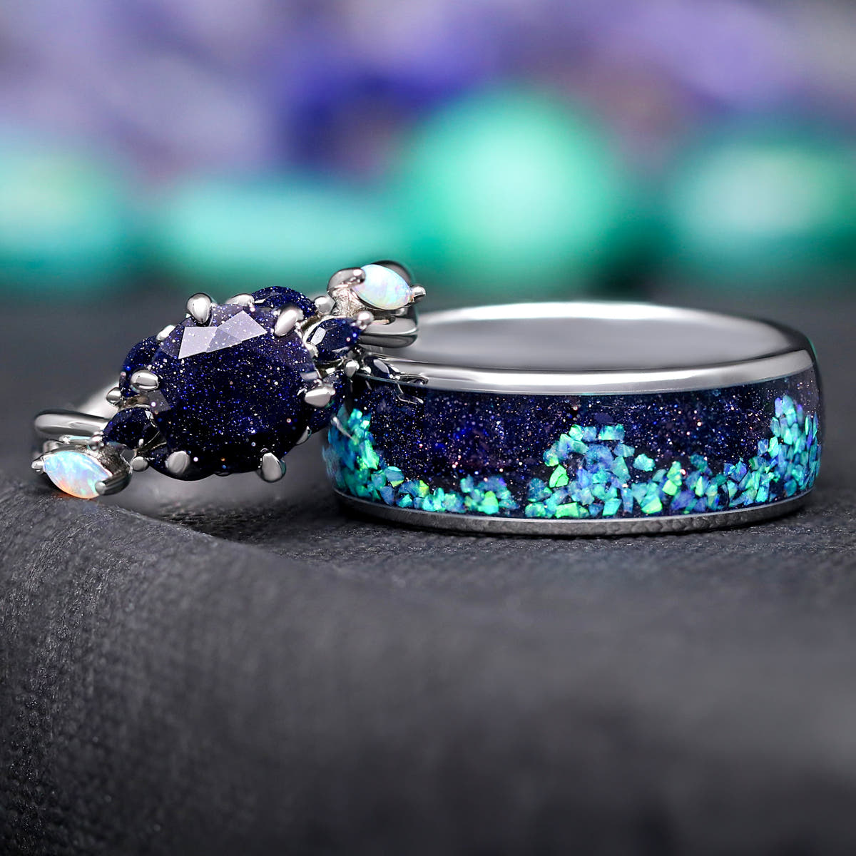 Matching silver couples ring set with blue sandstone and opal accents, 8mm and 1.7mm