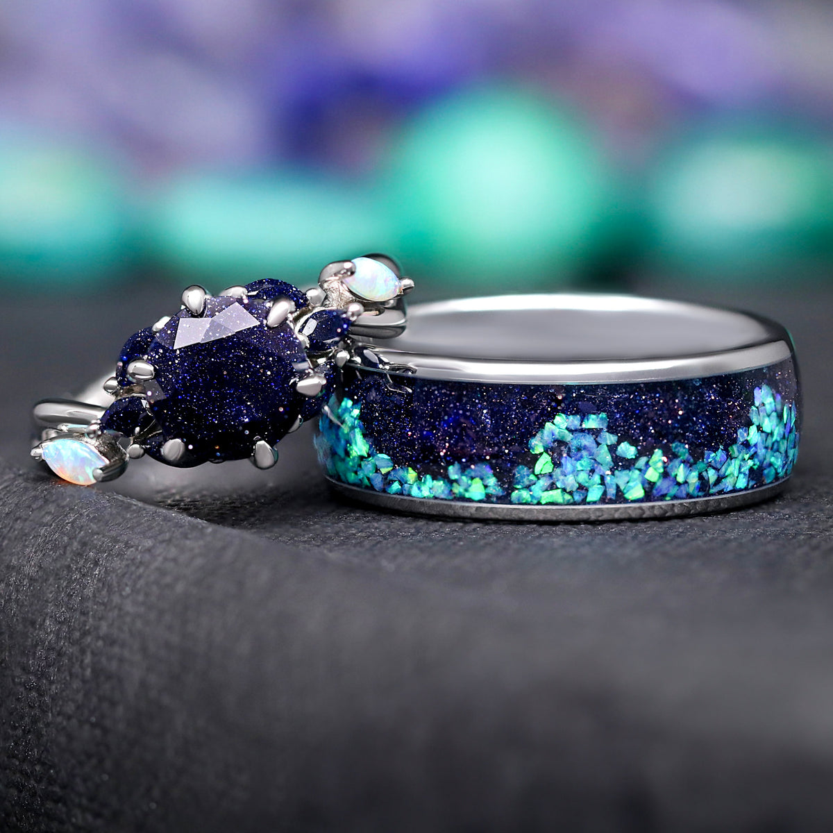 Nesta Starry Night Ring Set, His and Her Wedding Ring, Rift Nebula Ring Set, Matching Couple Ring, Sandstone, Tungsten & 925 Silver, Opal