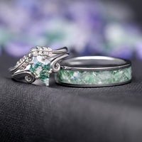 Twirl Leaf Green Moss Agate Ring Set, His and Her Wedding Ring, Matching Nature Couples Ring, Alternative Engagement Ring, Anniversary Gift