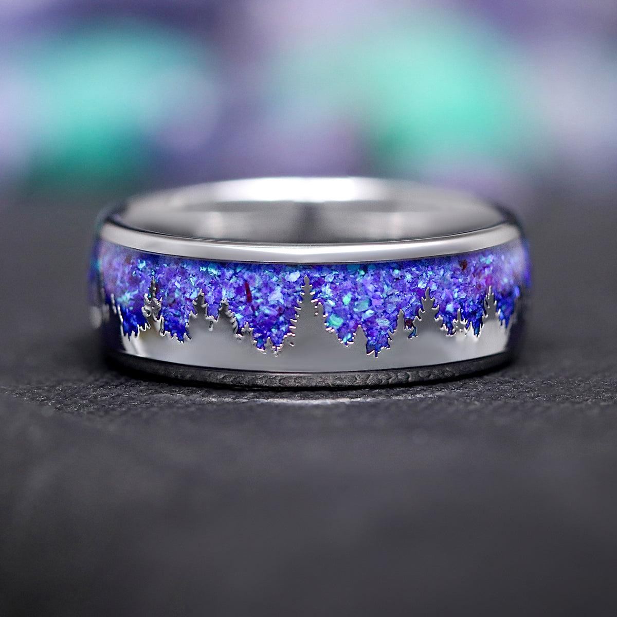 Borealis Tree Silhouette Opal Inlay Ring | Silver Tungsten Mens Band 8mm