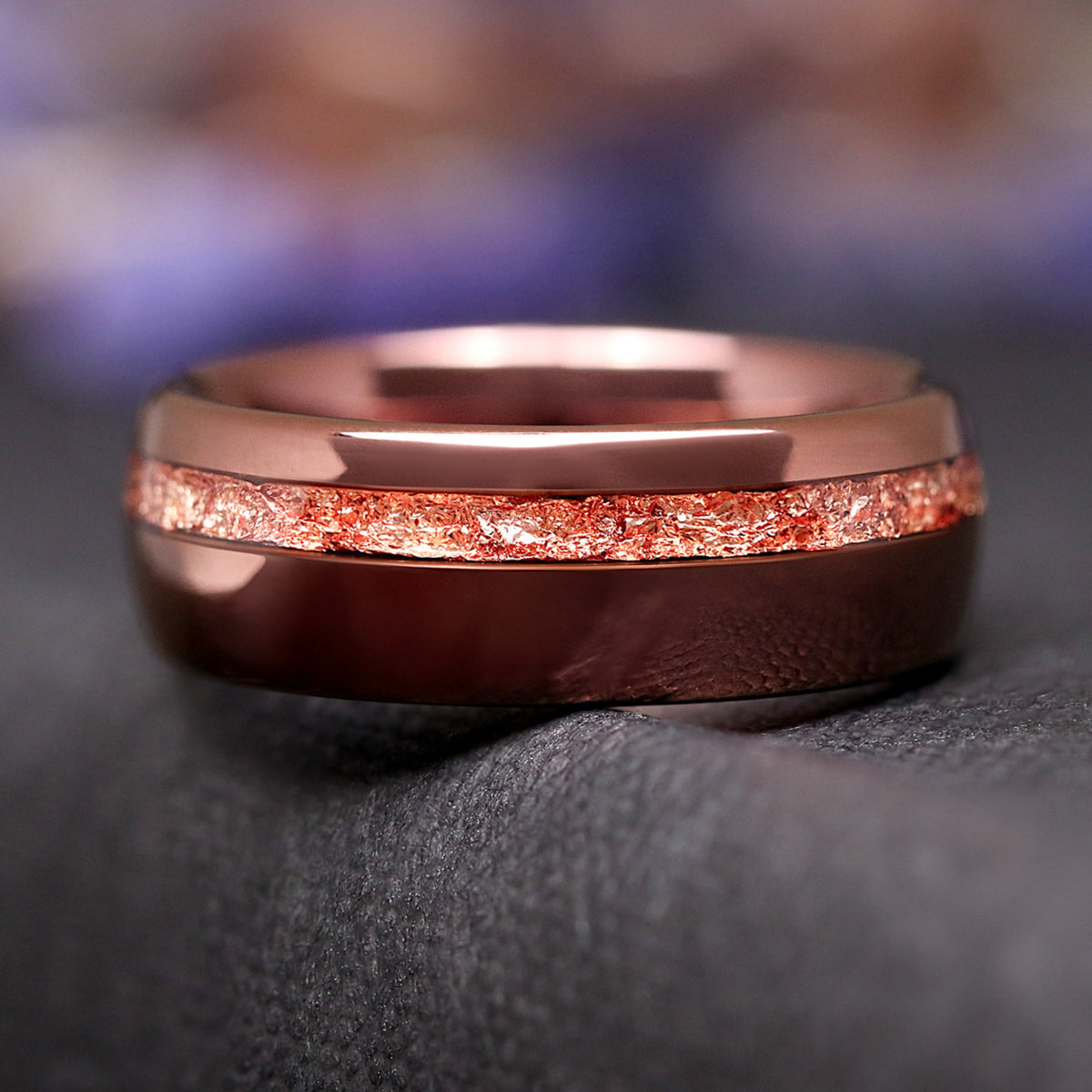 Espresso Tungsten Wedding Band for Men, Real Rose Gold Foil Ring, Offset Inlay, Coffee Gift for Men, Unique Promise Ring, 8mm Comfort Fit