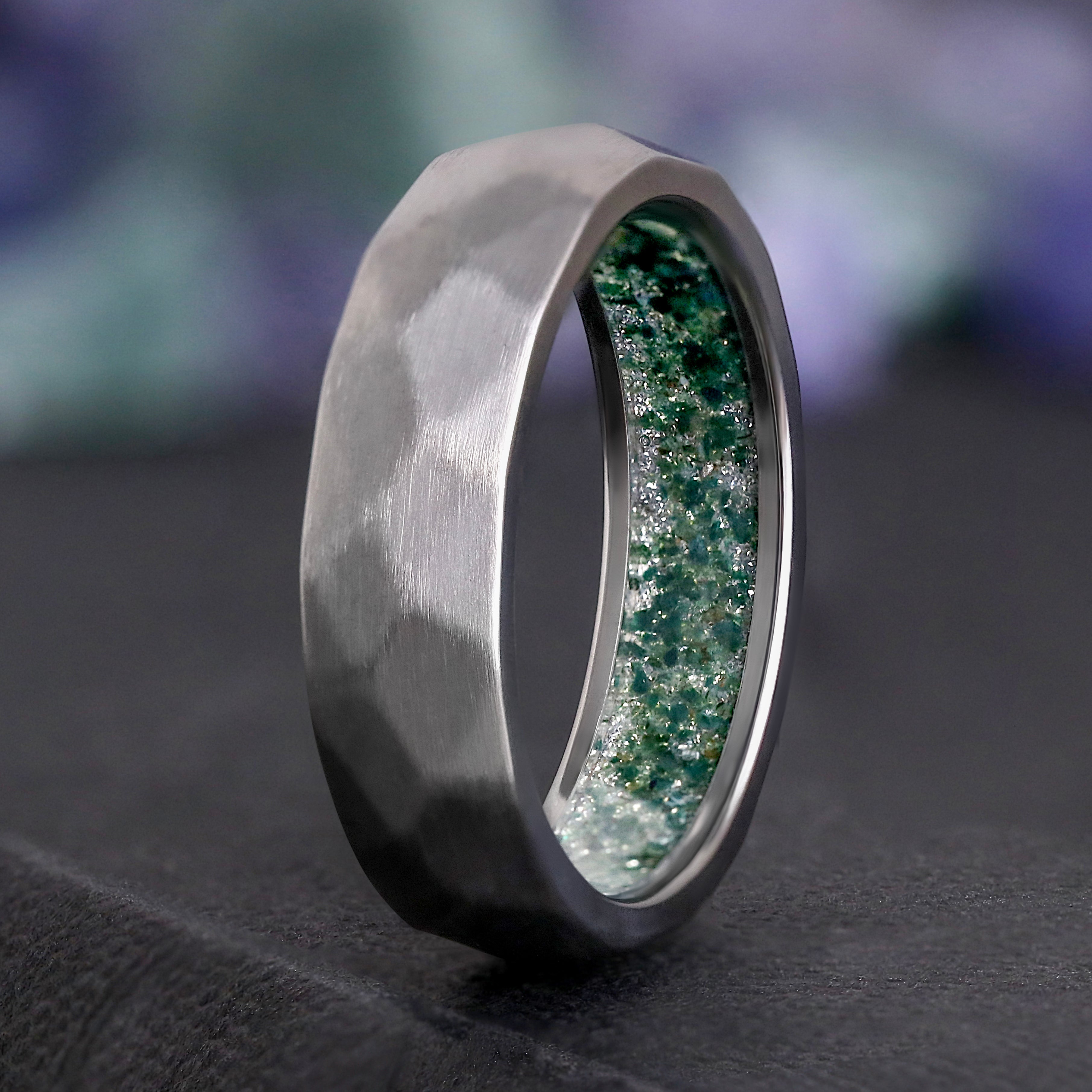 Green Moss Agate Ring Men, Hammered Silver Titanium Wedding Band, Matte Faceted Ring with Inner Moss Inlay, Unique Promise Ring