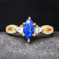 Gold Lapis Engagement Ring, Women Wedding Ring, Blue and Gold, Gold Lapis Lazuli Ring, Moonstone Ring, Promise Ring for Her, Sterling Silver