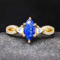 Gold Lapis Engagement Ring, Women Wedding Ring, Blue and Gold, Gold Lapis Lazuli Ring, Moonstone Ring, Promise Ring for Her, Sterling Silver