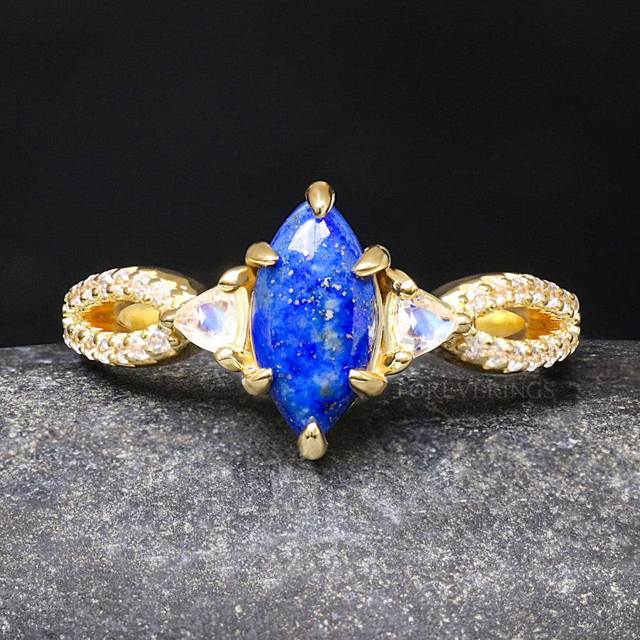Gold Lapis Engagement Ring, Women Wedding Ring, Blue and Gold, Gold Lapis Lazuli Ring, Moonstone Ring, Promise Ring for Her, Sterling Silver