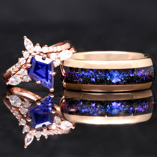 Matching rose gold couples ring set: kite-cut sapphire engagement ring and 8mm nebula tungsten band