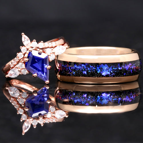 Orion Nebula Ring Set Rose Gold, His and Hers Wedding Bands, Blue Nebula Ring, Sapphire, Matching Couples Ring, Engagement Ring Set, Engrave