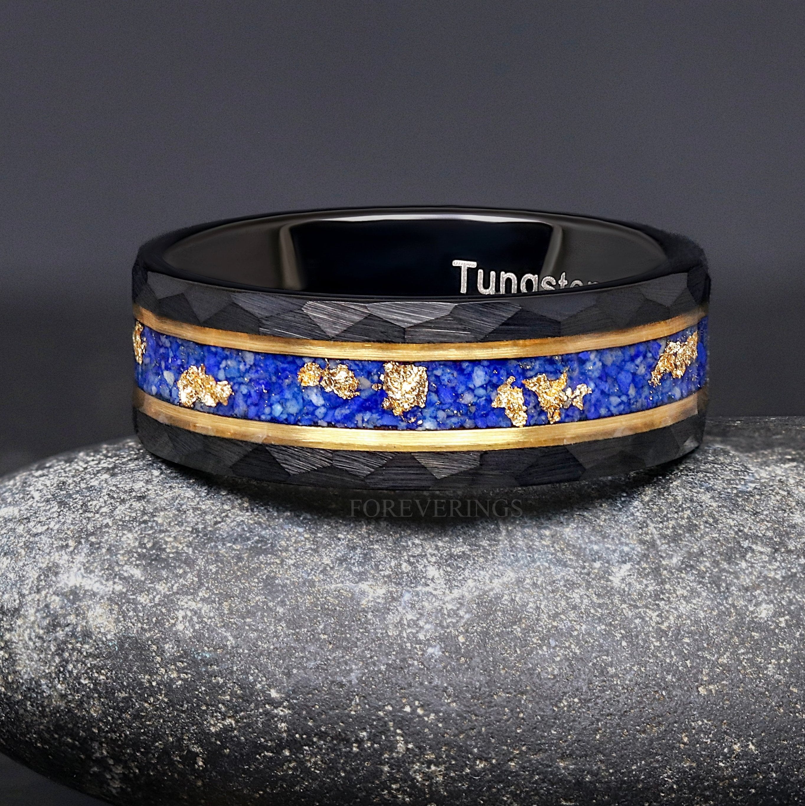 Lapis Lazuli Ring Men, Gold Leaf Wedding Band, Black and Gold, Blue Tungsten Ring, Hammered Band, Promise Ring for Him, Engrave