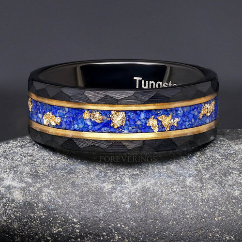 Men's 8mm hammered black and gold tungsten ring with lapis lazuli and gold leaf inlay
