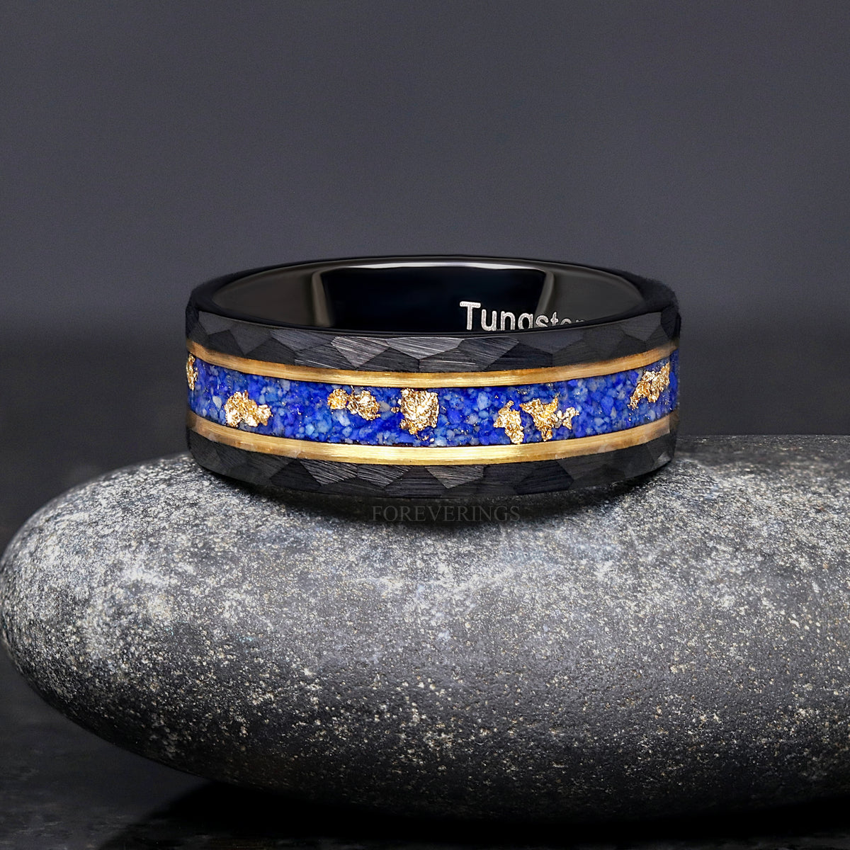 Lapis Lazuli Ring Men, Gold Leaf Wedding Band, Black and Gold, Blue Tungsten Ring, Hammered Band, Promise Ring for Him, Engrave