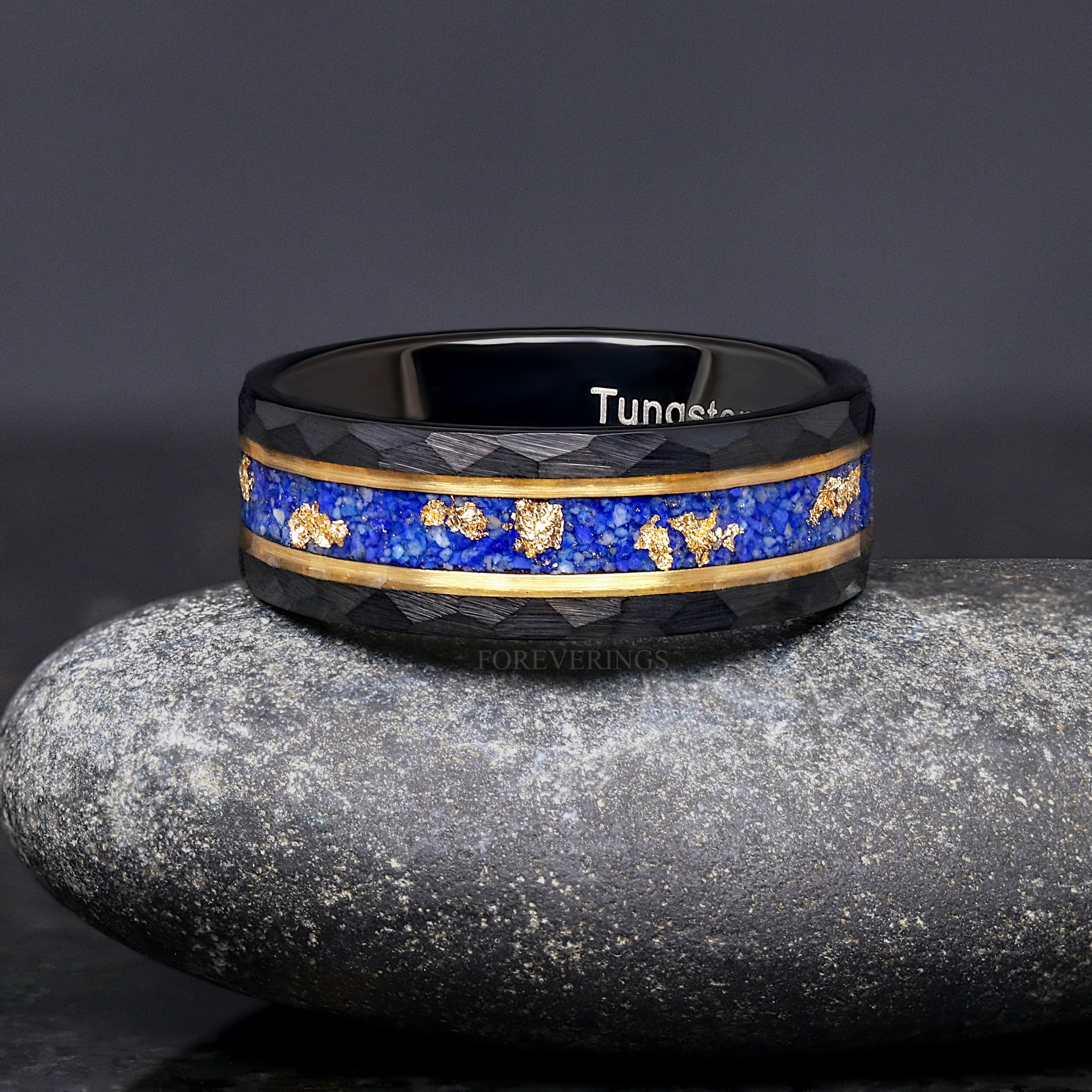 Lapis Lazuli Ring Men, Gold Leaf Wedding Band, Black and Gold, Blue Tungsten Ring, Hammered Band, Promise Ring for Him, Engrave