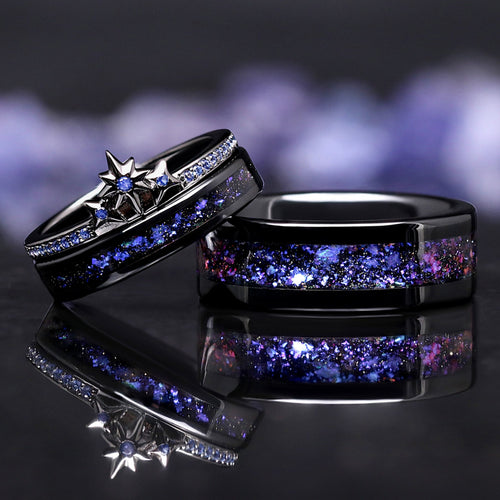 Orion Star wedding ring set blue nebula sapphire couples rings