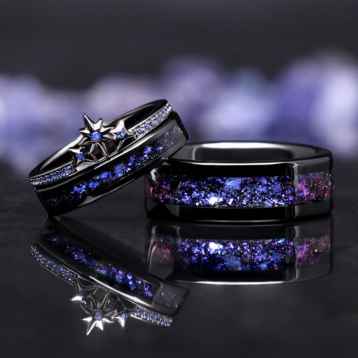 Matching Orion Star engagement and wedding rings for couples