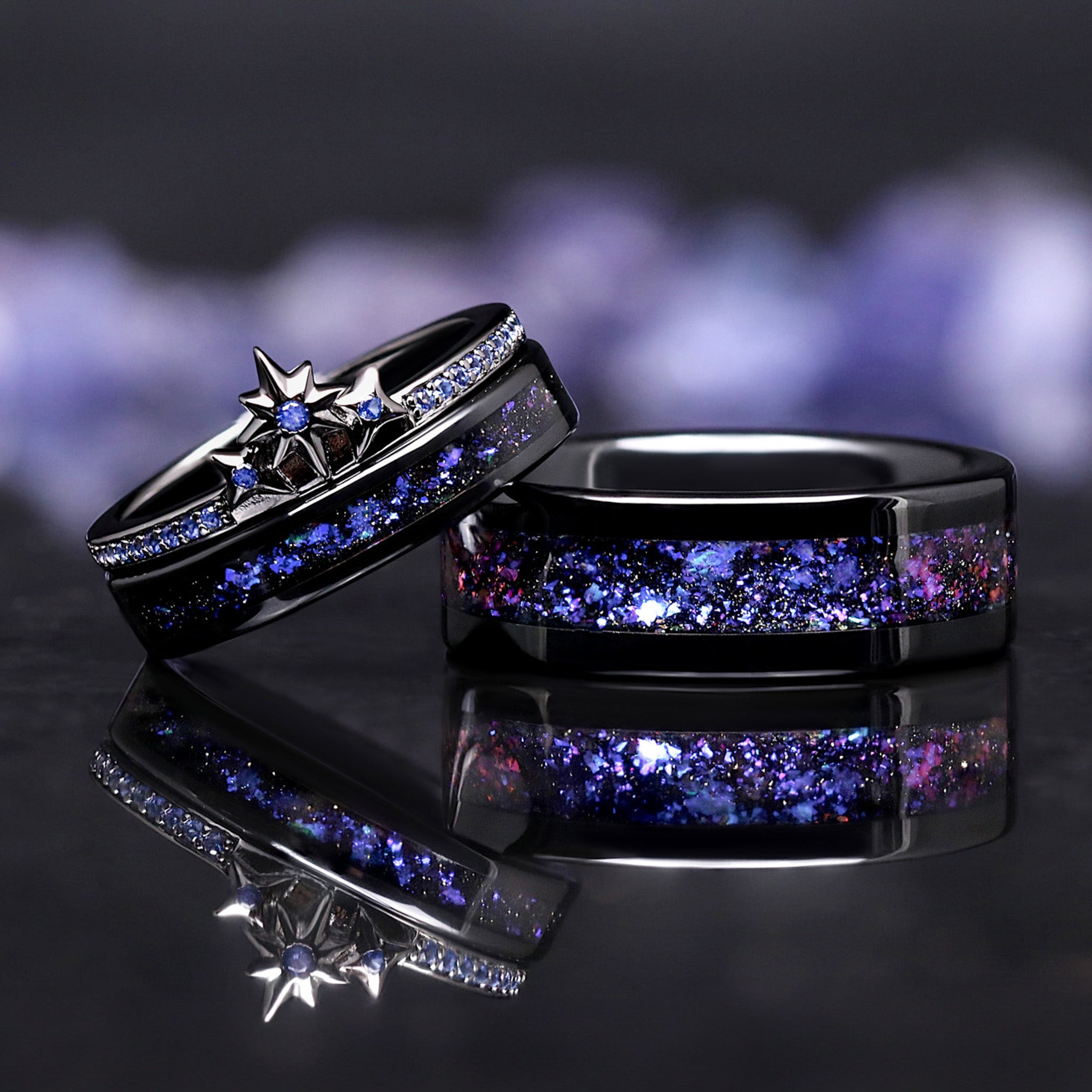Orion Star Wedding Ring Set, Blue Nebula Sapphire Engagement Rings, His and Hers Cosmic Space Bands, Ceramic & Sterling Silver Couples Rings