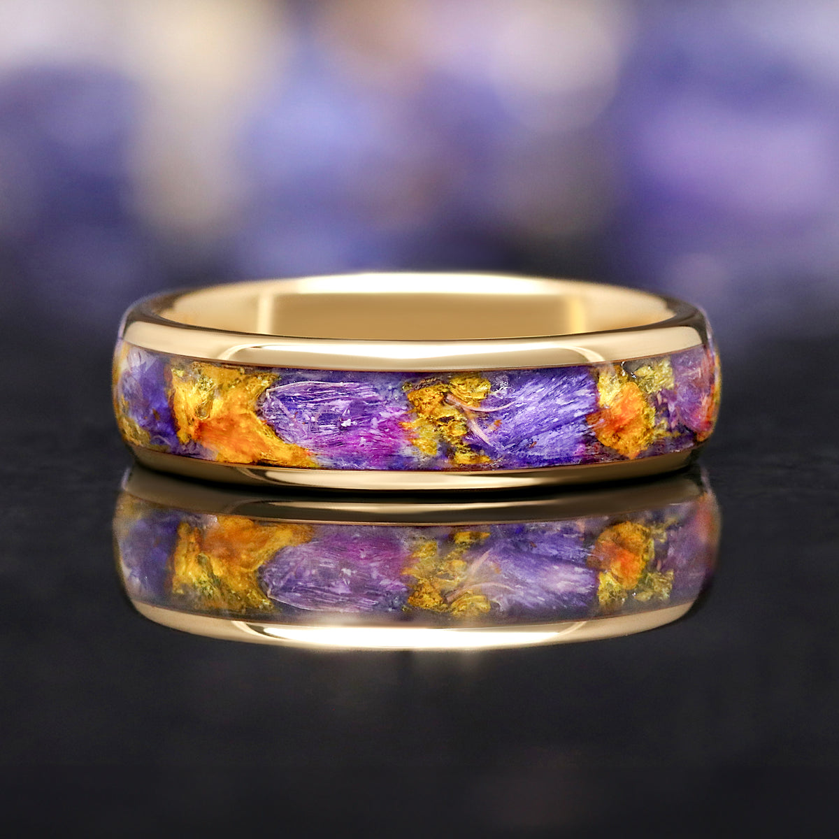 Yellow gold comfort fit tungsten ring with floral inlay